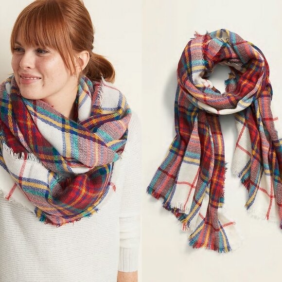 Old Navy Accessories - NWT Old Navy Long Flannel Blanket Scarf Wrap Shawl Tartan Pashmina White Plaid